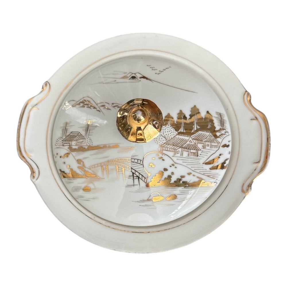 Japanese Kutani Serving Bowl with Lid White Gold - Picture 3 of 10